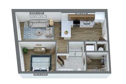 a 3d floor plan of a home with a bedroom and a living room